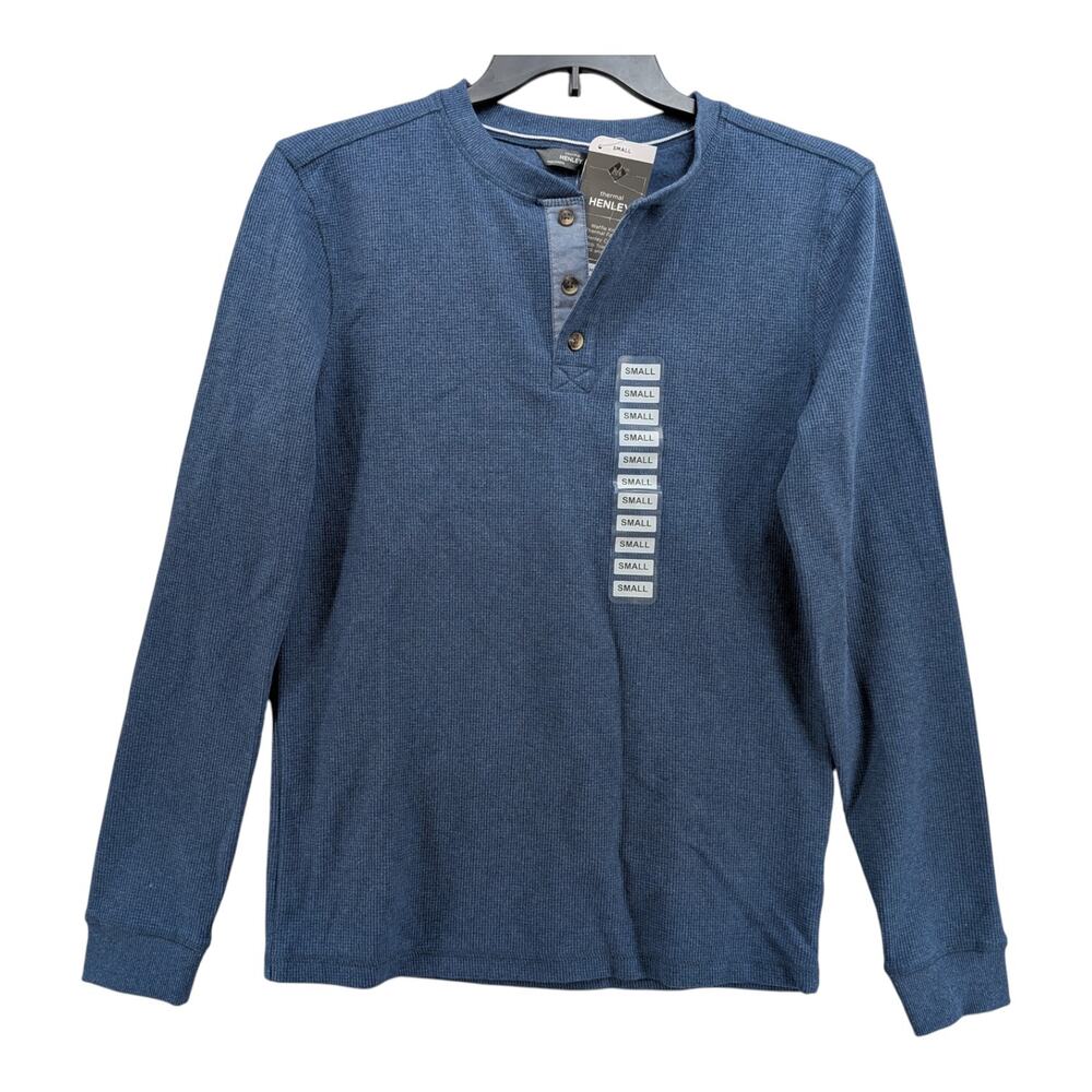 Members Mark Thermal Henley Tee S Blue Long Sleeve Tshirt Waffle Knit Layering